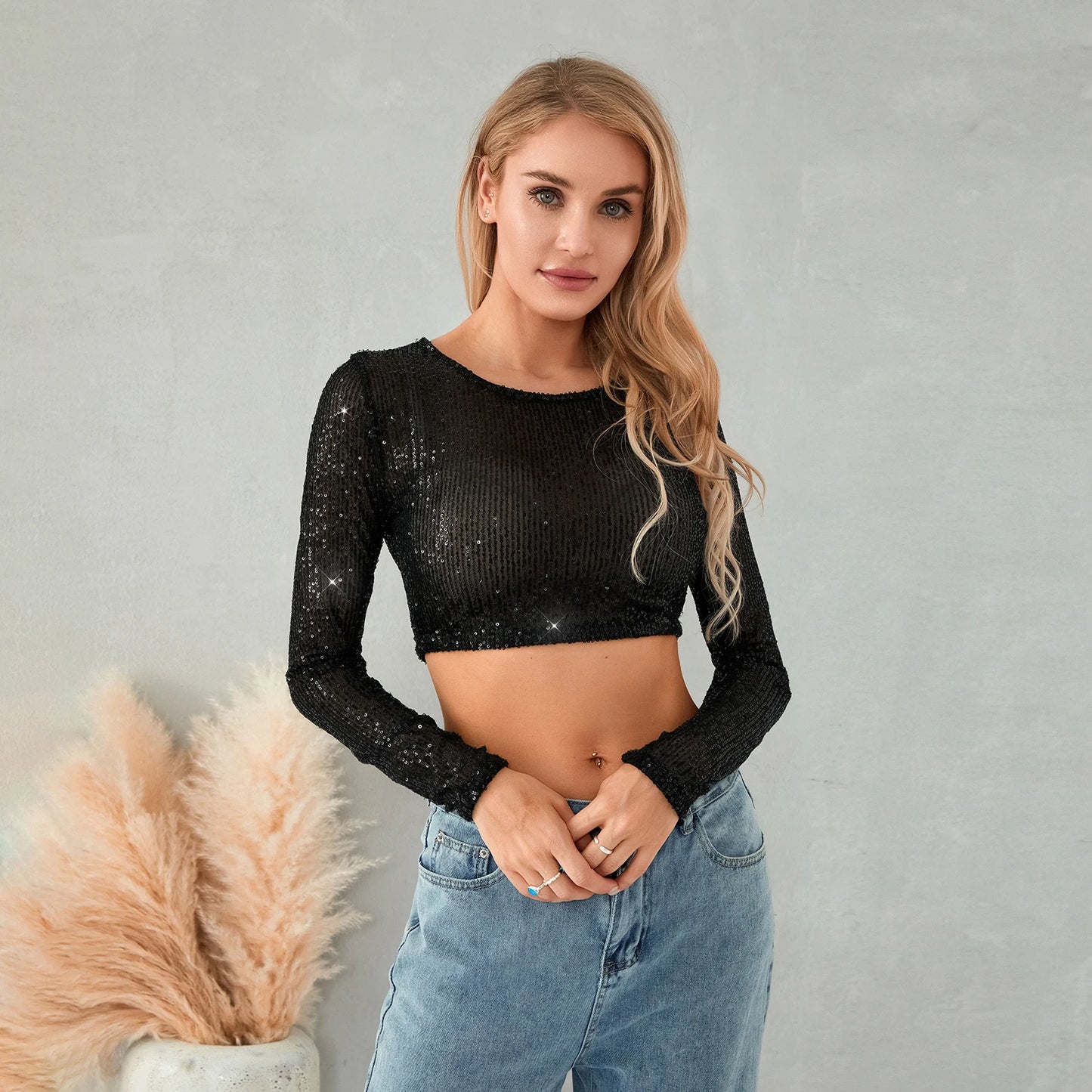 Women’s Full Sequin Cropped Tops Long Sleeve Round Neck Glitter Sparkle