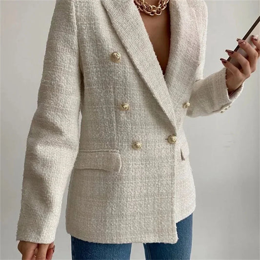 Autumn Women's Clothing Style Fashionable Versatile Texture Double breasted Mid length Suit Coat