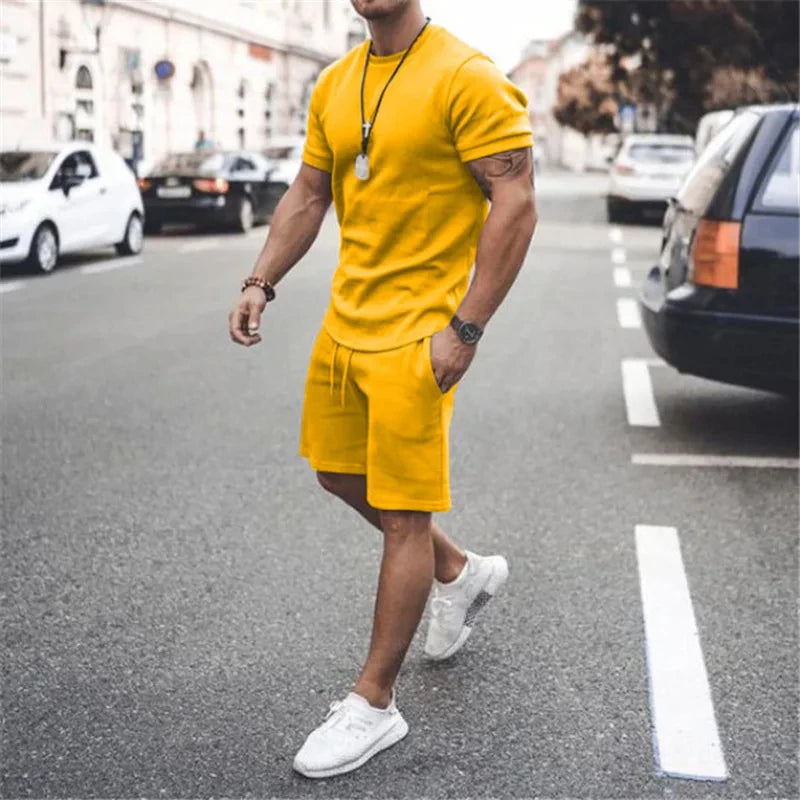Solid Color Europe and The United States Men's  Summer  Short Sleeve T-shirt  +Shorts 2pcs Set Leisure Sports Men Suit