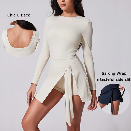 Women's O-Neck Tennis Dress Long Sleeve Sarong Wrap Skirt Built in Shorts Golf Athletic Dress Workout Rompers