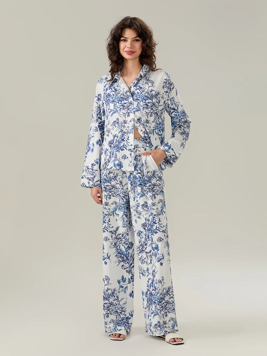 Women s Elegant Floral Print Pajama Set with Lapel Neckline Button-up Long Sleeve Top and Long Pants - Comfortable 2-Piece