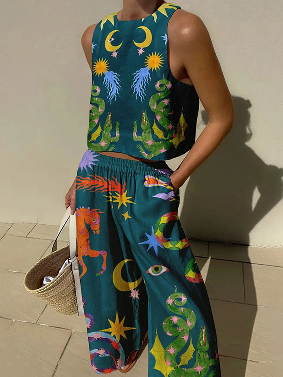 Women s Retro Style Crop Top and High Waisted Wide Leg Pants Set with Abstract Print Sleeveless Tank Top and Loose Fit