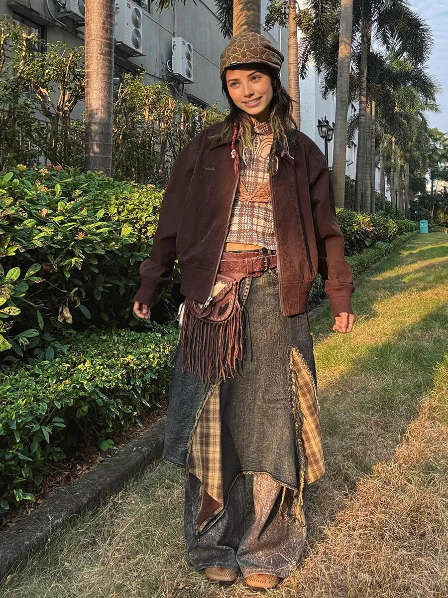 Denim Blue Ombre Asymmetrical Skirt  Retro Tartan Plaid Stitch Maxi Long Overlay