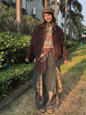 Denim Blue Ombre Asymmetrical Skirt  Retro Tartan Plaid Stitch Maxi Long Overlay