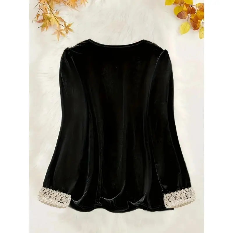 Contrast Lace Crew Neck Top  Casual Long Sleeve Top for Spring & Fall  Women's Plus Size Clothing