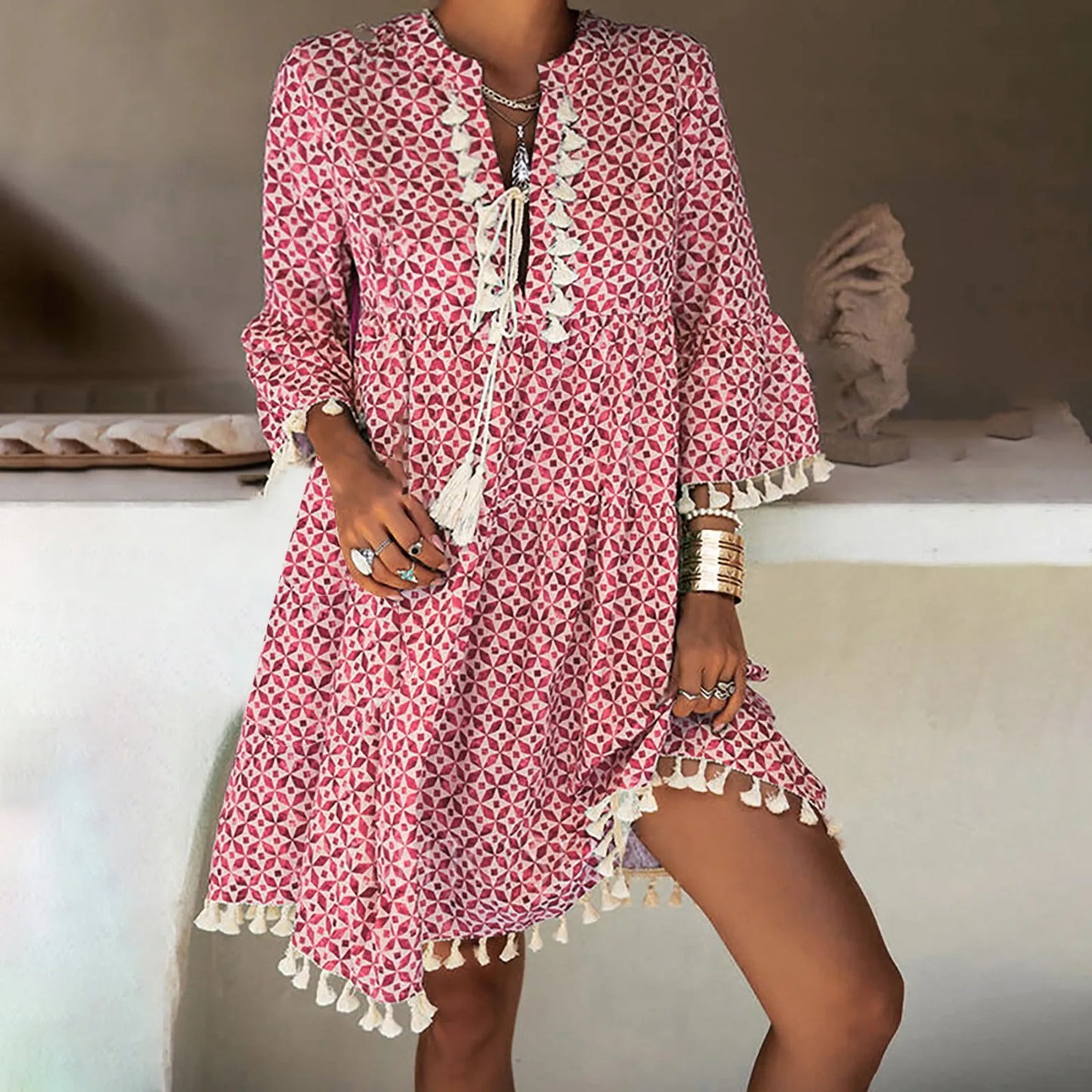 Ladies Lace Trim V Neck Short Sleeve Loose  Dress with Pockets Fashion Women Summer Casual Bohemian Print Dress