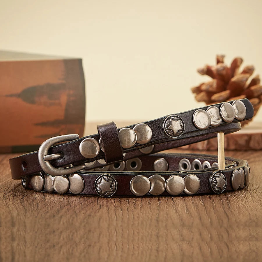 1CM Luxury Skirt Dress Rivet Belt  Genuine Leather Punk Decoration Thin Strap