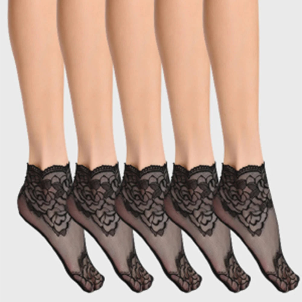 5/10/20 Pairs Vintage Lace Women's Socks Summer Mesh Elastic Transparent Ankle Socks  Women Versatile Fish Net Black Sock