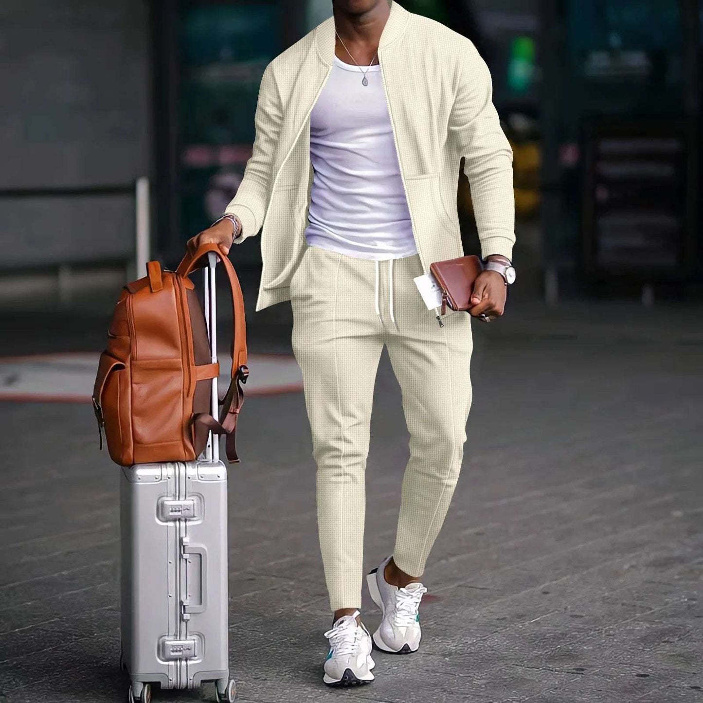 Spring men's casual blazer set new fashion Waffle baseball suit round neck pocket zipper long sleeve trousers two-piece set