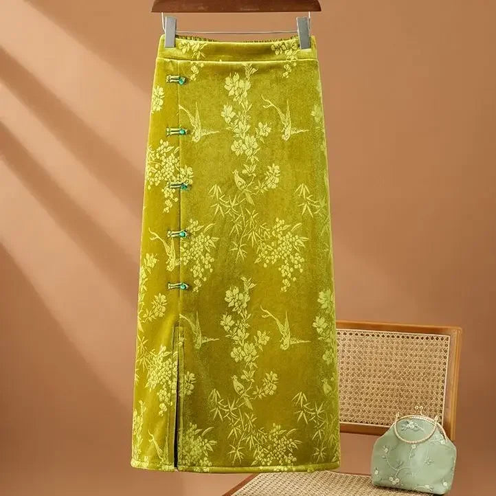 Chinese Style Vintage  High Waist  Floral Bodycon Split Skirts