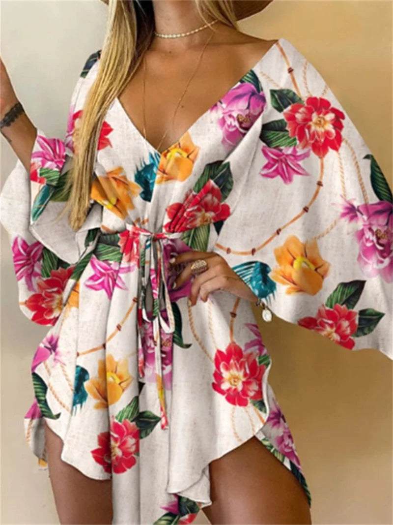 Women Print Dress Sexy V-Neck Bat Sleeve Ruffle Flowers Print Bohemian Beach Sundress Ladies Loose Summer Vacation Mini Dresses