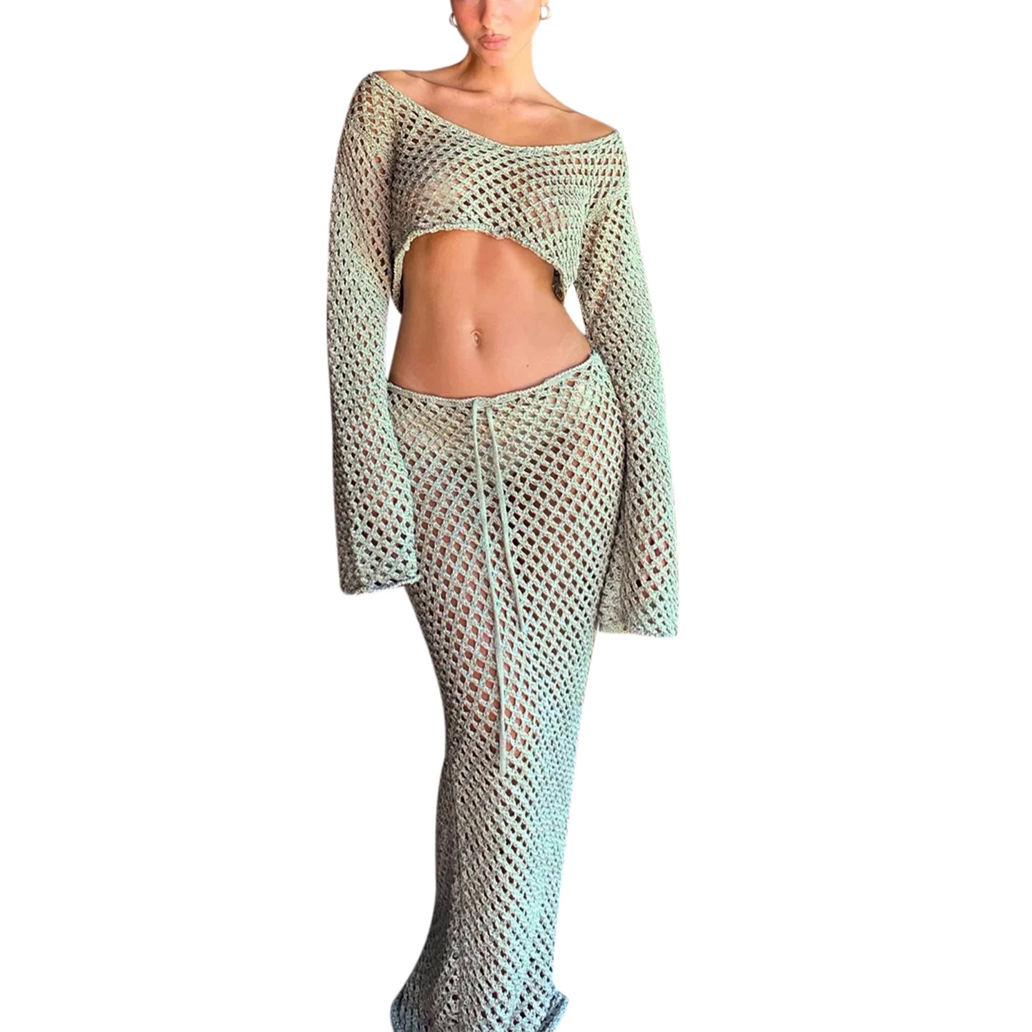 Women s Boho Style Crochet Bikini Cover Up Set  Knit Crop Top with Matching Long Skirt for Beachwear and Pool