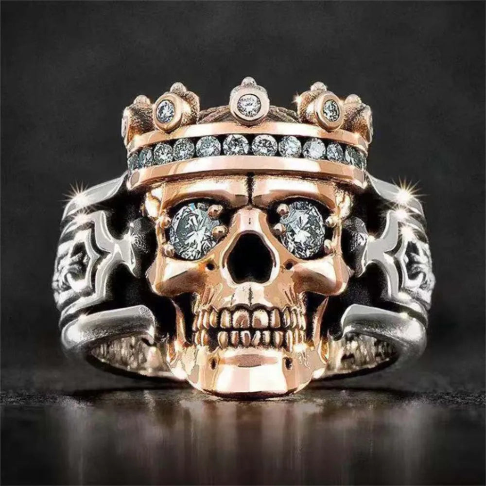 Bohemian Motorcycle Rider Retro Two-color Crown Skull Ring Minimalist Niche Men's White Crystal Rose Skull Eye Ring