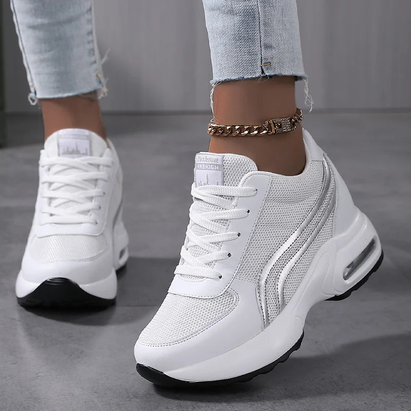 Women Air Cushion Sneakers Mesh White Running Sport Shoes Outdoor Shoes Heightening 8cm Female Casual Walking Shoes