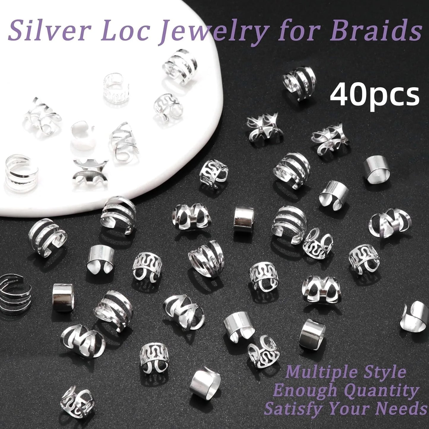 40PCS Hair Jewelry for Braids Hair Cuffs Multi Style Rings Adjustable Hair Beads for Braid  Dreadlock Accessories