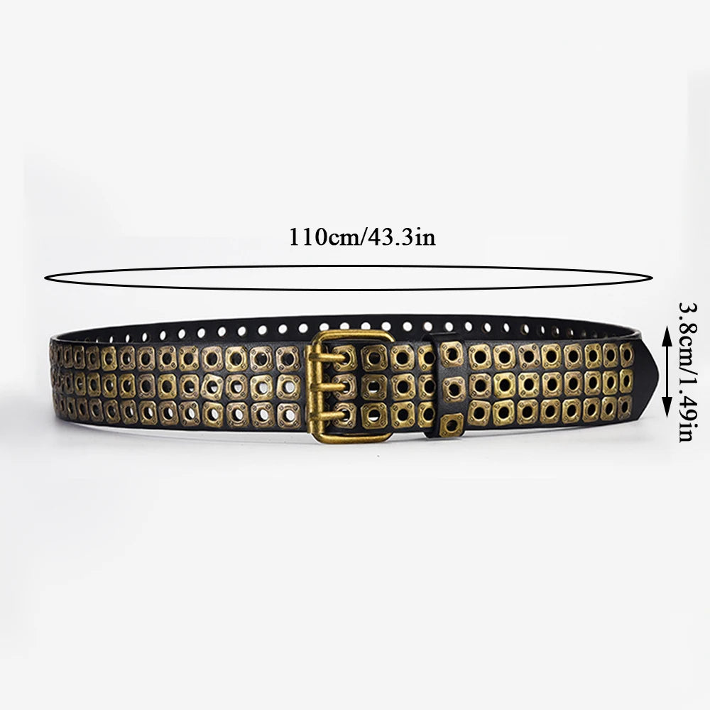 3.8cm Width PU Leather Belt With Metal Rivet Design 3 Pin Buckles Waistband Goth Belt
