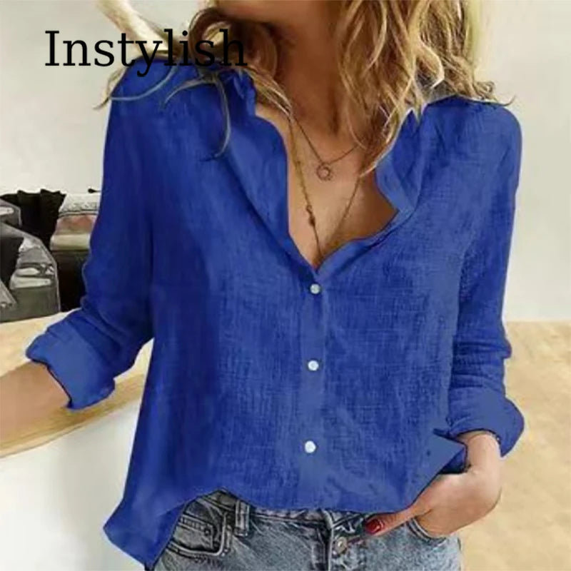 Elegant Cotton Linen Shirts Women Casual Solid Button Lapel Blouses Shirts  Long Sleeve Loose Tops