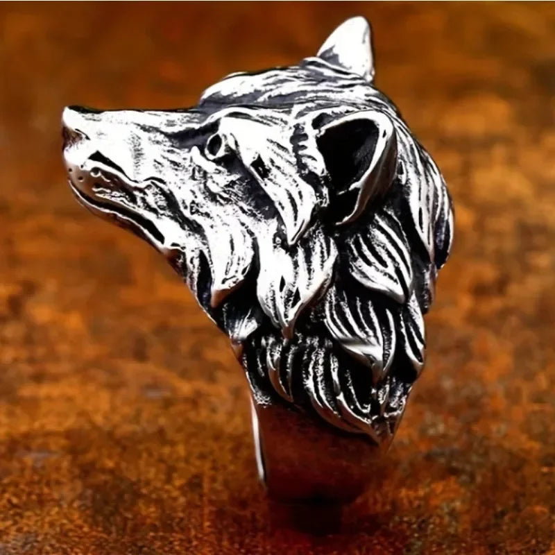 Vintage wolf head men trend animal exaggerated domineering personality open ring jewelry