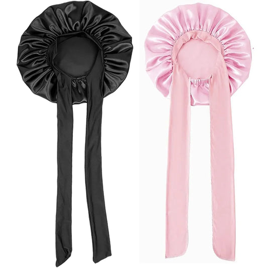 2PCS Satin Bonnets With Tie Band (Pink+Black), Sleeping Cap For Women, Soft Hair Care Night Sleep Hats