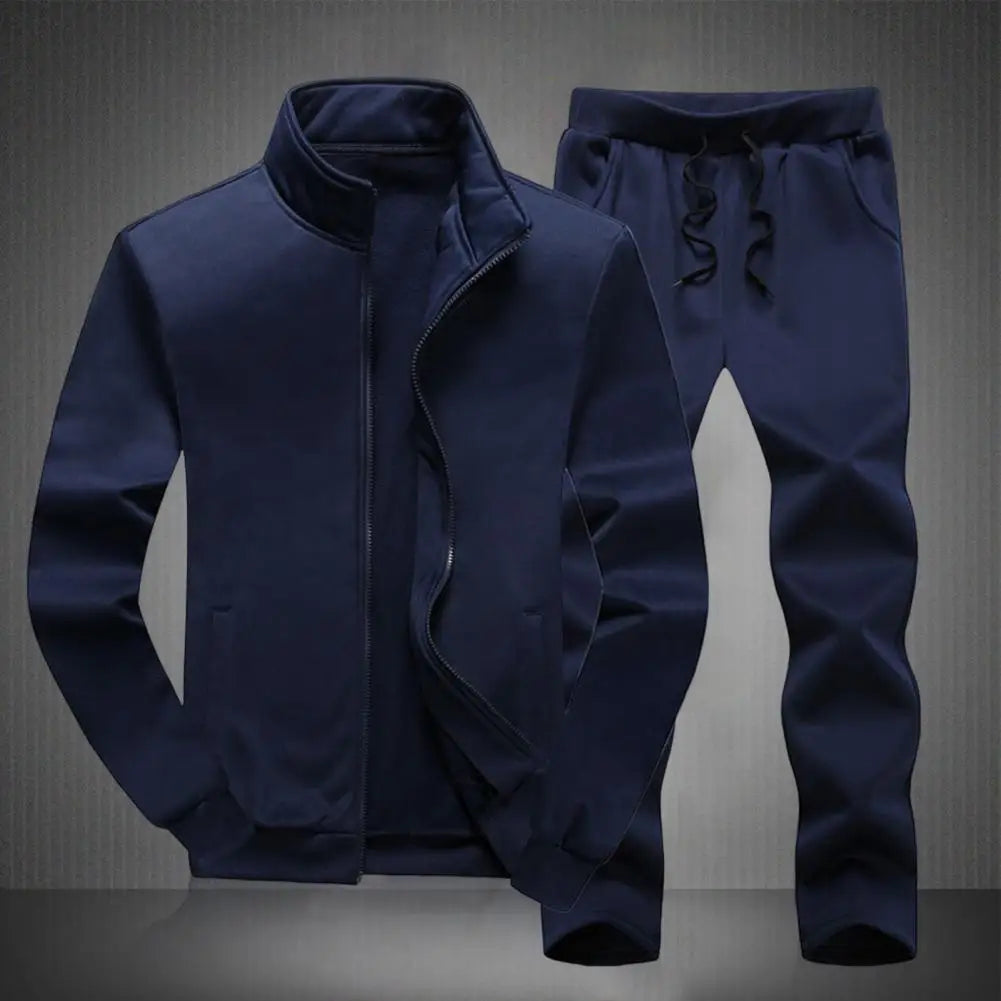 1 Set Men Sweatshirt Sweatpants Solid Color Stand Collar Tracksuit Sportswear Autumn Winter Zipper Jacket Pants Streetwear