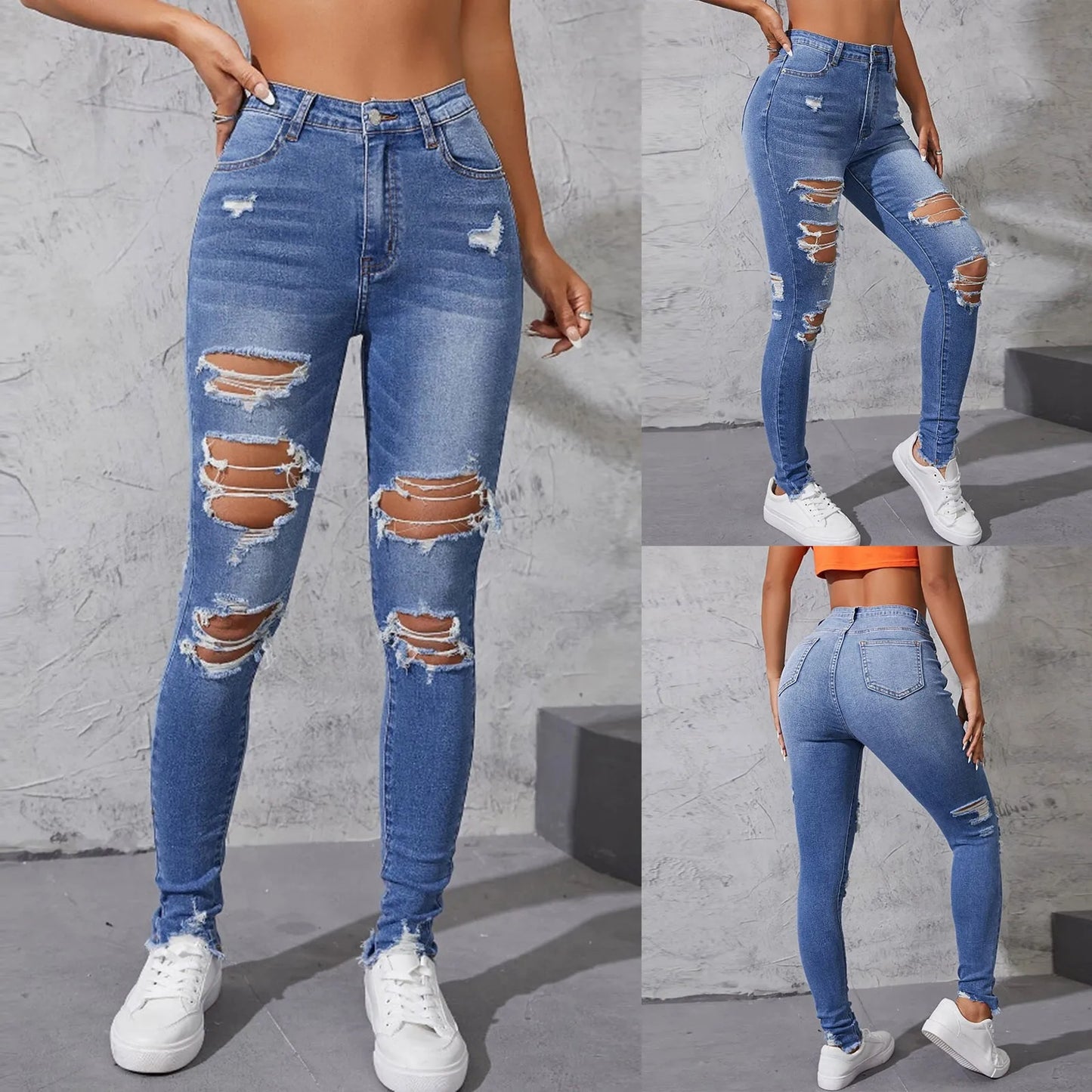 Women's Hole Jeans Ripped Skinny Jeans Pants For Women  Jeans High Waist Denim Pants Trousers