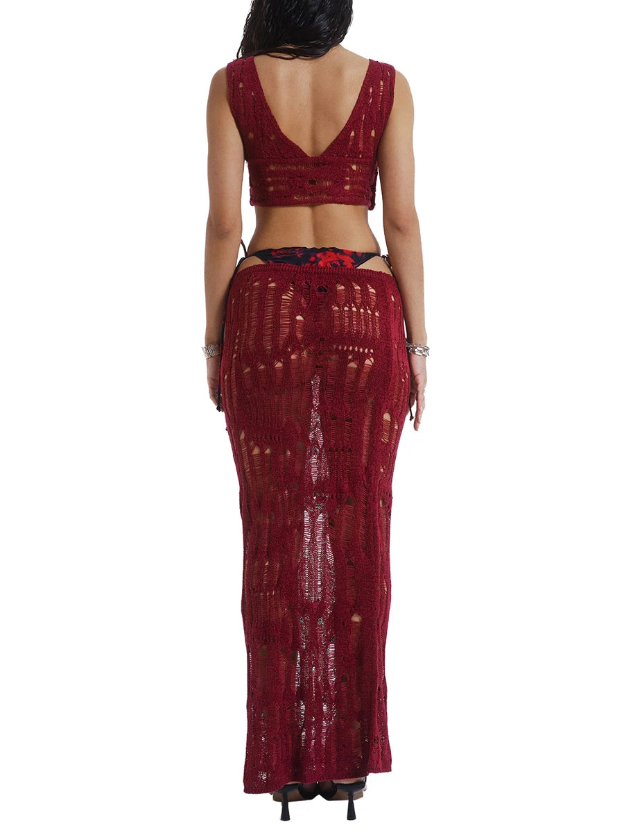Women Summer Outfits Solid Color Sheer Bandage Knit Tank Tops and Elastic Low Waist Long Skirt Set