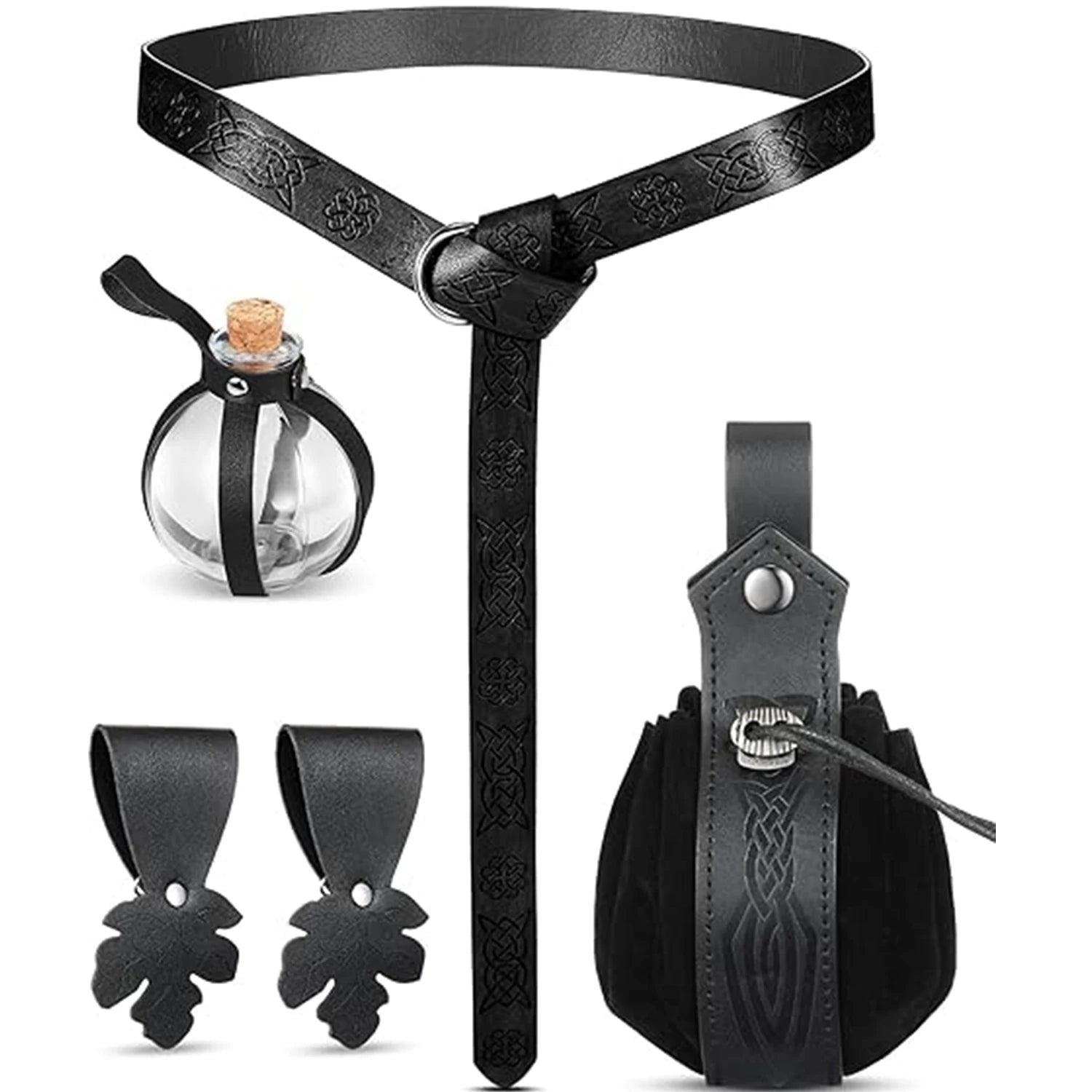 Renaissance Accessories 6 Pack Medieval Pirate PU Leather Belt Bag Cork Potion Bottle Belt