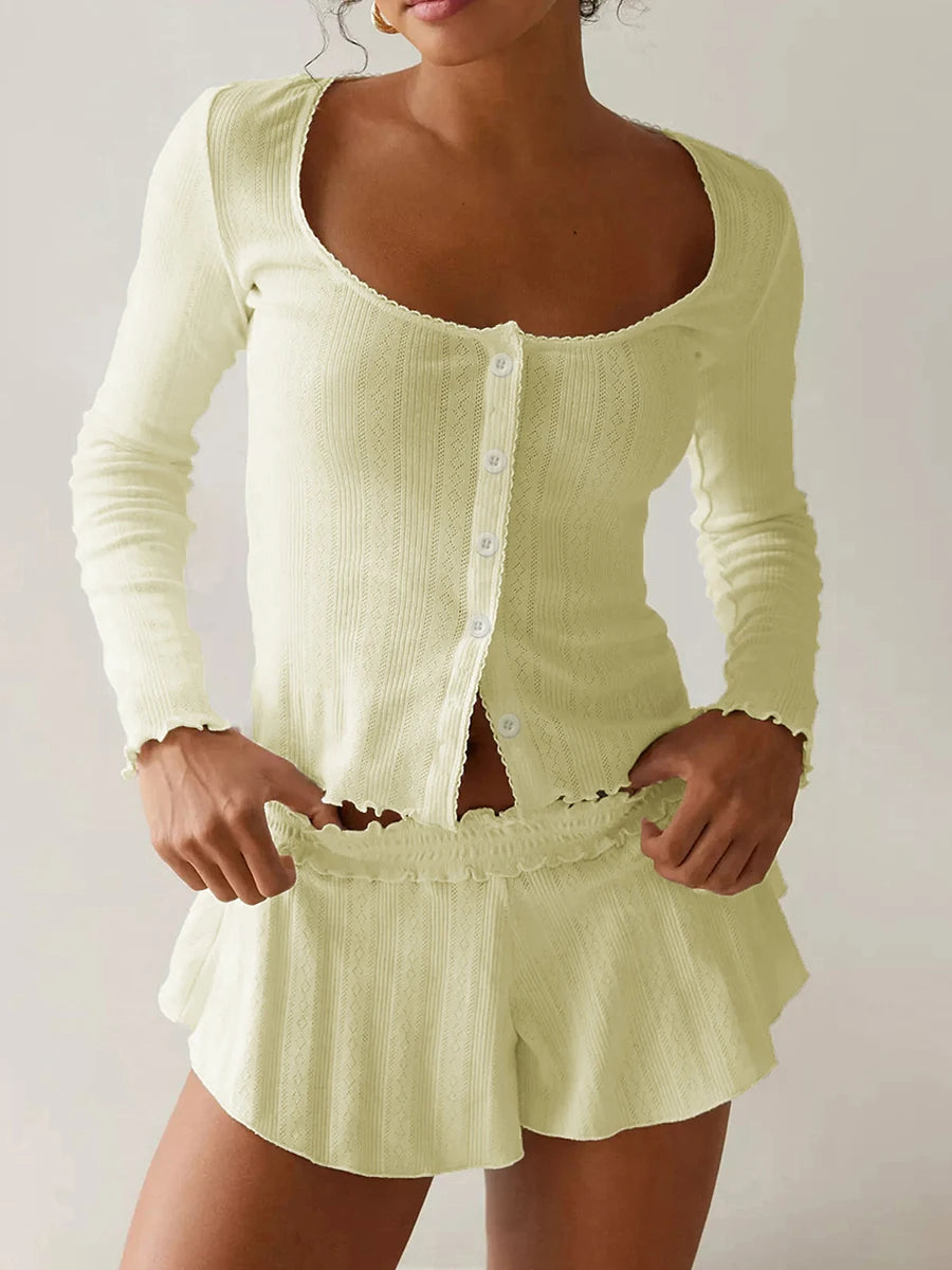 Pajama Set Long Sleeve Button Closure Top with Shorts Sleepwear Loungewear