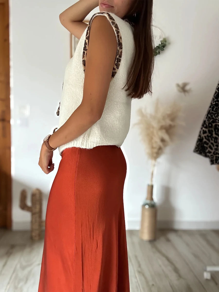 Women s Sleeveless Knit Sweater Vest with V Neckline and Leopard Print Patchwork Casual Tie-up  for a Stylish Look