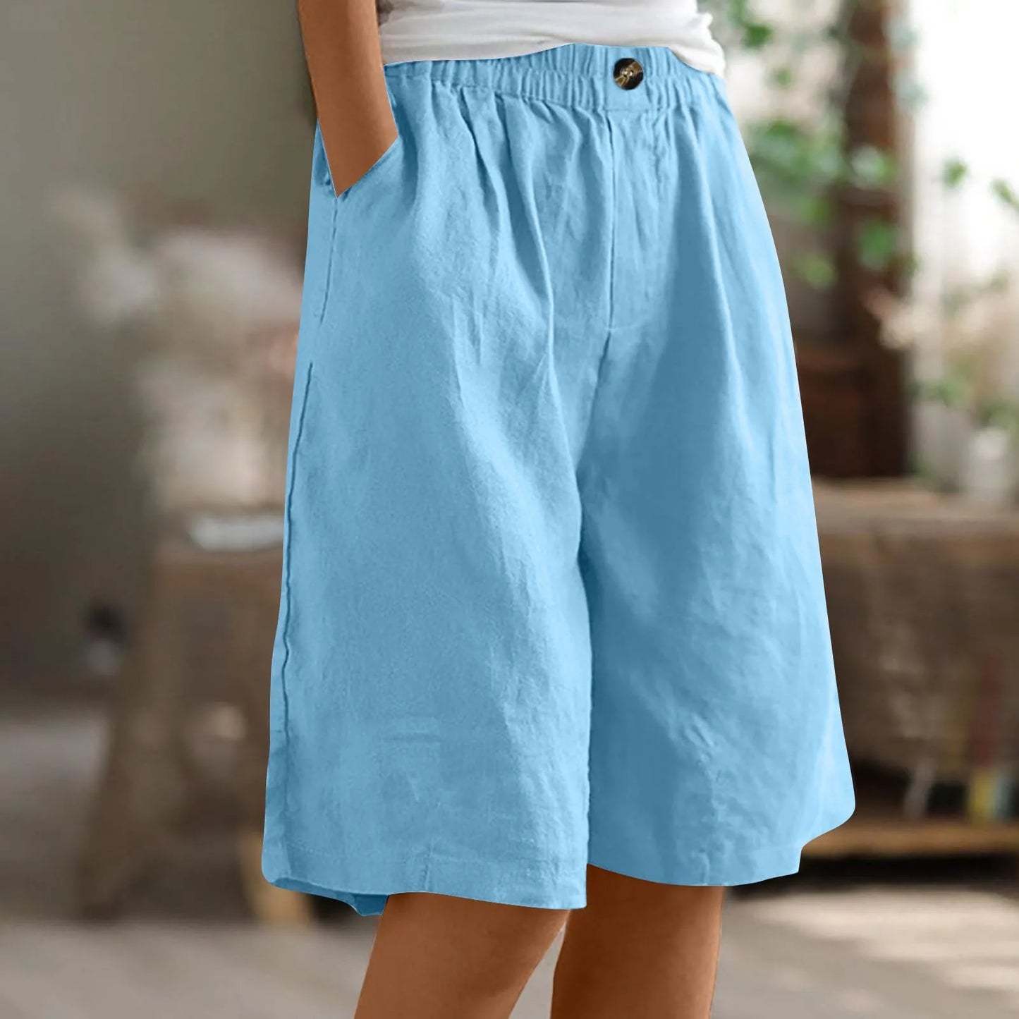 Women's Fashion Solid Color Shorts Pocket Button Up Capris Loose Elastic Waist Cotton Linen Shorts