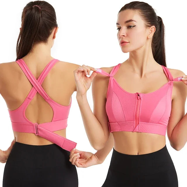 Sports Bra  Crop Top Adjustable Belt Zipper Yoga Running Bras Push Up Vest Shockproof