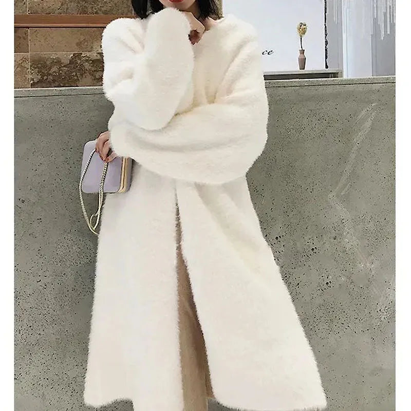 white Long Cardigan for women winter clothes Knitted fluffy long sleeve Cashmere sweater coat  warm vintage