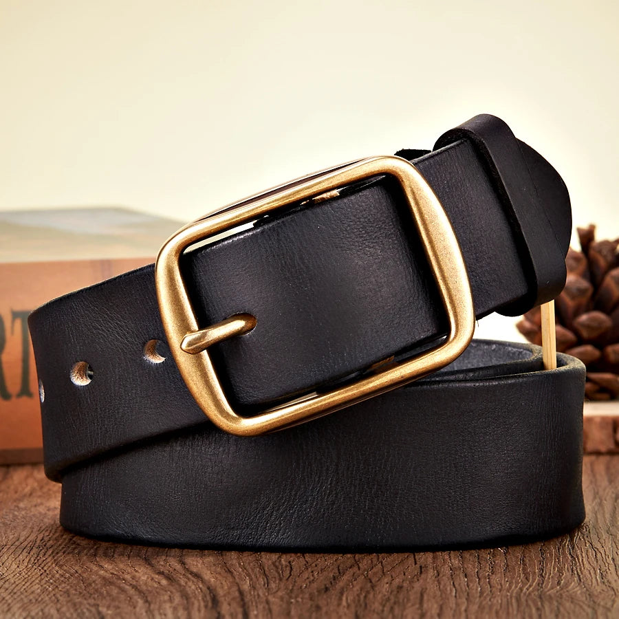 3.8CM Real Genuine Thick Leather Belt Cowhide Copper Pin Buckle Casual Retro
