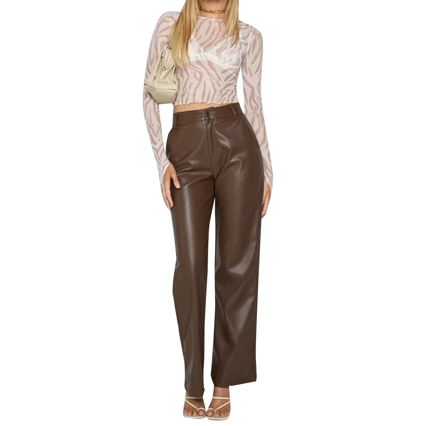 Women s Casual Loose Fit Trousers with Pockets High Waist Solid Color Straight-leg Pants in Faux Leather
