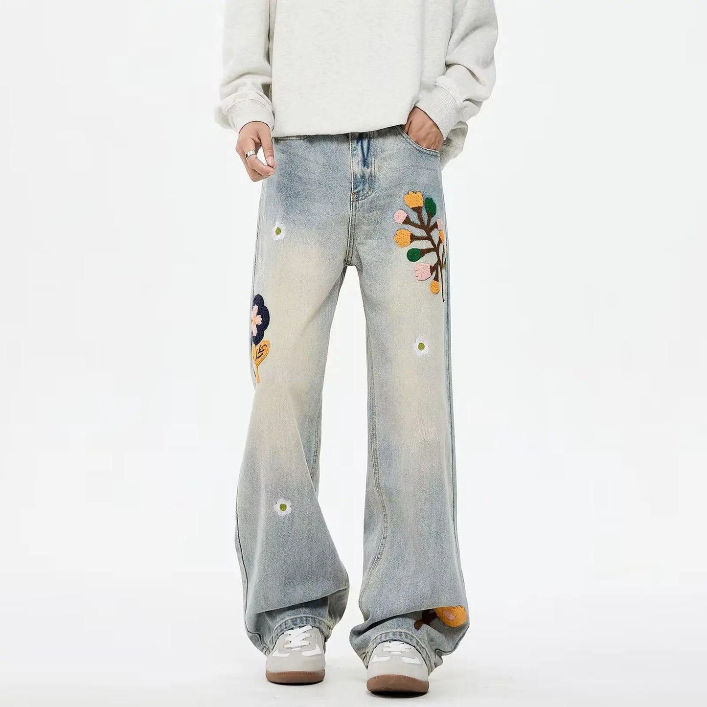 Vintage Flower Embroidered Jeans For Women High Street Baggy Straight Wide Leg Denim Pants Autumn Design Hip Hop Fashion Jean