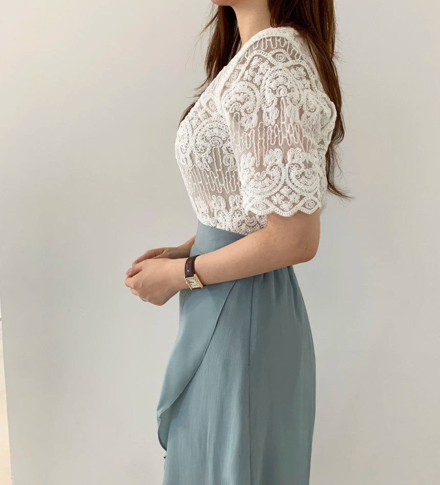 Sheer Embroidery Lace Blouse Cover Up Top Short Sleeve Button Front Women Summer Boho Vacation Outfit