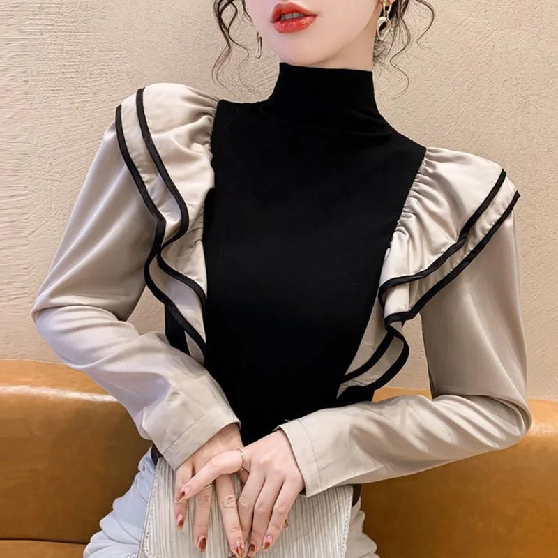 Stylish Turtleneck Spliced Folds Ruffles Blouse