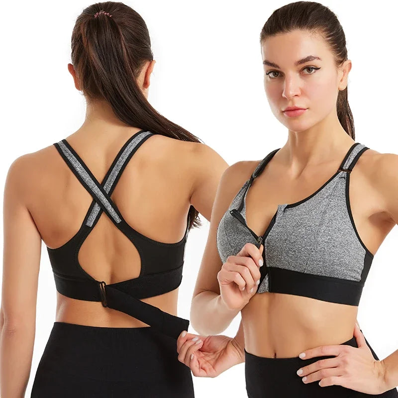 Sports Bra  Crop Top Adjustable Belt Zipper Yoga Running Bras Push Up Vest Shockproof