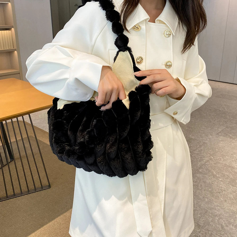 Plush Tote Handbag Large Capacity Soft Satchel Bag Versatile