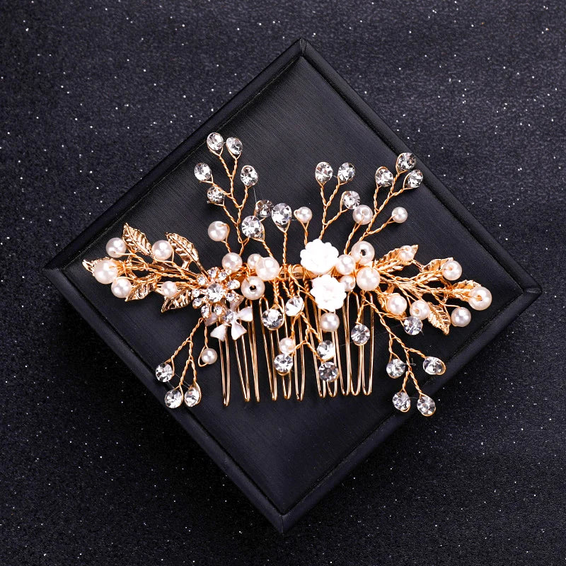 Gold Color Crystal Pearl Hair Comb Headband For Women Bride Party Bridal Wedding Hair Accessories Jewelry Comb Headband