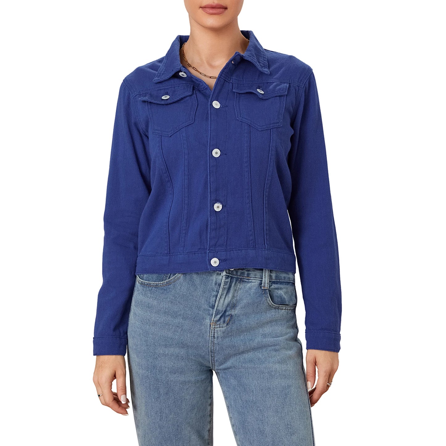 Solid Color Denim Jacket  Lapel Button Cardigan Jean Jacket  Casual Long Sleeve Short Coat