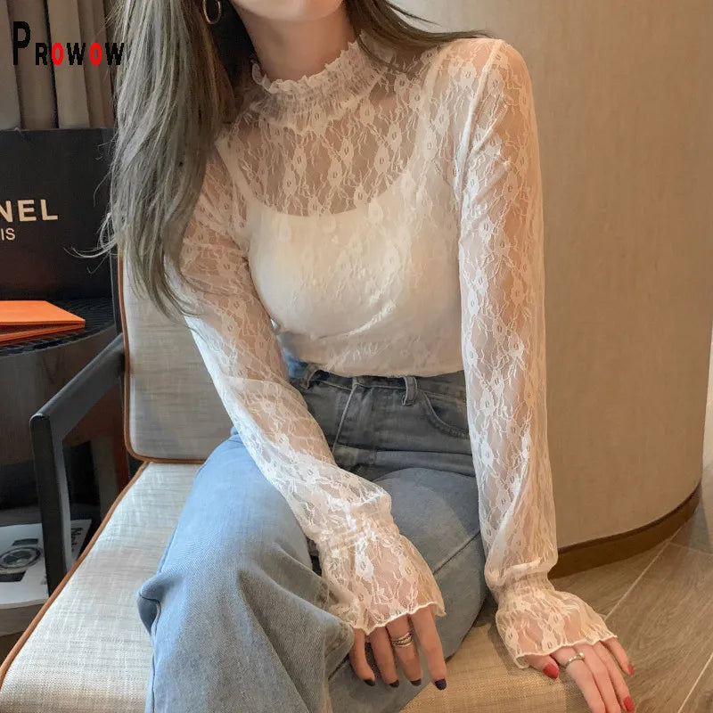 See Through Lace Flower Women's Blouse  Long Sleeve Spring Summer Thin Crop Top