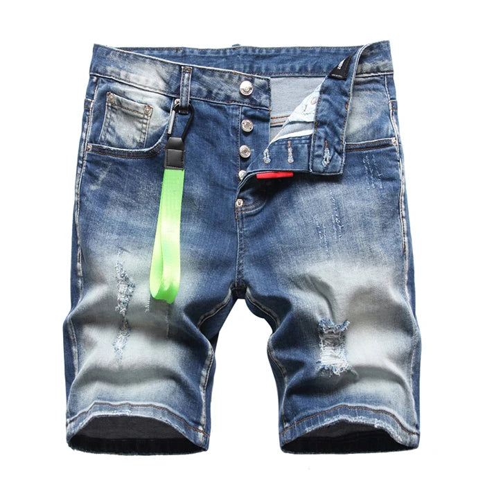 fashion blue Denim Shorts Summer Holes BUTTON FLY Shorts Jeans High Quality Stretch Fit Denim Jeans Shorts