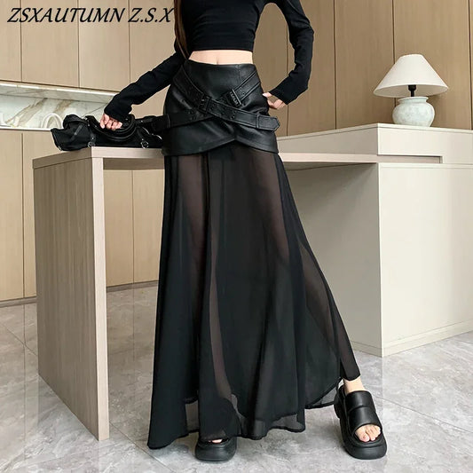 Black Leather Skirt Mesh Stitching Leather