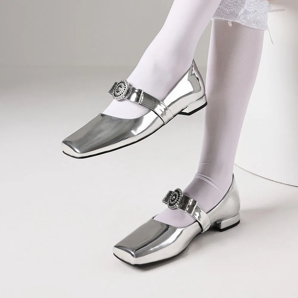 Rhinestone Mary Janes Flats For Women Low Heel Square Toe Shallow Shoes