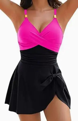 8 Colors Cute Women Swimdress Tummy Control Sexy One Piece Slim & Comfortable Ruched & Cross Swimwear Elastic Beachwear