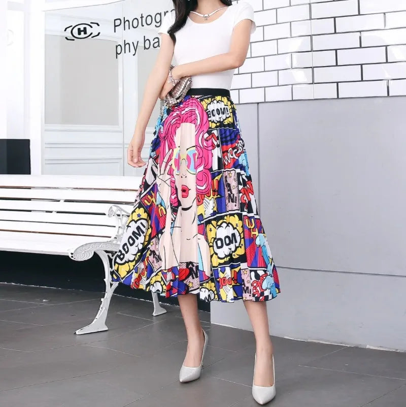 Cartoon Print Pleated  Long Skirt High Waist A-Line
