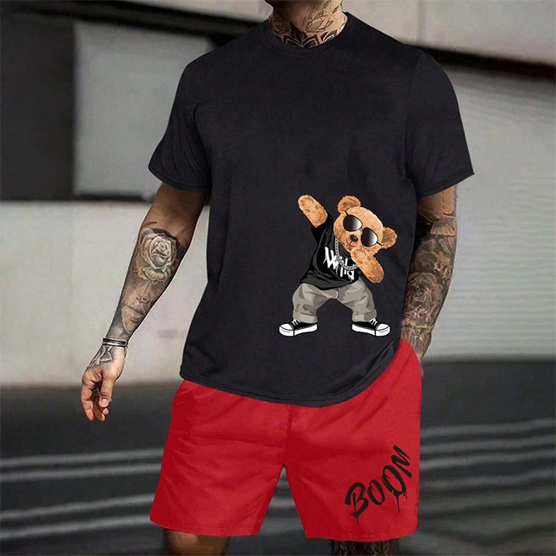 Fun Bear T-Shirt Men's Summer Loose Daily Couple Suit Outdoor Street Short Sleeve Shorts Two Piece Men Summer Suit