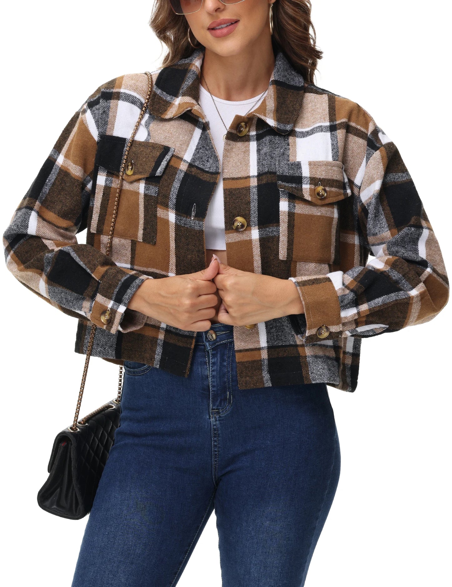 Oversized Plaid Shacket - Cozy Long Sleeve Button Down Jacket with Pockets Cropped