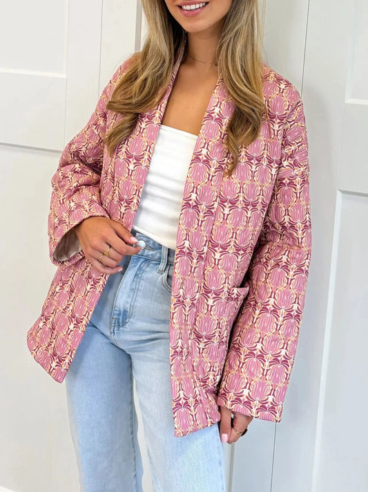 Ladies Retro Floral Print Hooded  Jacket Warm Winter Quilted Coat with Zipper Closure and Pockets